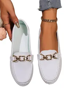 Round Toe Soft Sole Slip-On Shoes, Casual Textile Upper, Rubber Sole, Metal Buckle, Comfortable Daily Wear, All Seasons Women's Shoes, Nurse Shoes, Shoes Flats