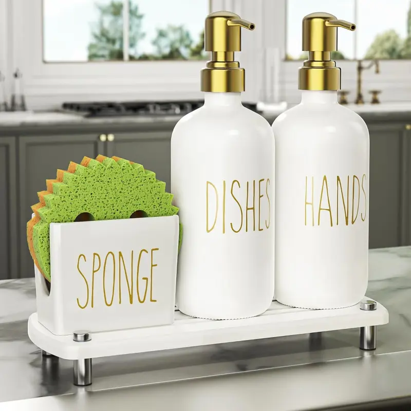 Champagne Gold Dispensing Pump Kitchen Soap Dispenser Set with Ceramic Sponge Holder and Instant Dry Tray, Suitable for Kitchen Decor and Accessories, Champagne Gold Soap Dispensers, Dispensing Pump Soap Dispensers