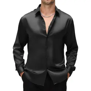 Mens Silk Satin Dress Shirts Shiny Long Sleeve Button Down Shirt Party Prom Wedding Shirt