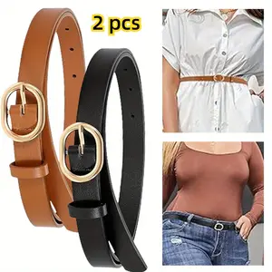 2pcs Women'S Casual Faux Leather Belts, Needle Buckle, Thin Minimalist Trendy Design, Versatile for Jeans, Skirts, Pants, Daily Commute To Wedding, Festive, College - Light Body, Non-Textile, Hand Washable