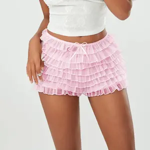 Women's Summer Ruffled Frilly Shorts Solid Color Multi-Layer Mesh Short Pants Sweet Cute Bloomers Fit Pink Cotton Fabric Bottom Comfort Spandex Basic