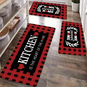 3pcs Red & Black Checkered Kitchen Floor Mat with Plaid Border & "Home Sweet Home" Lettering - Non-Slip Rubber Backing, Cushioning, Multi-Room Use for Kitchen, Laundry, Bedroom, Living Room - Heartwarming Housewarming Gift, Cozy Flannel Texture