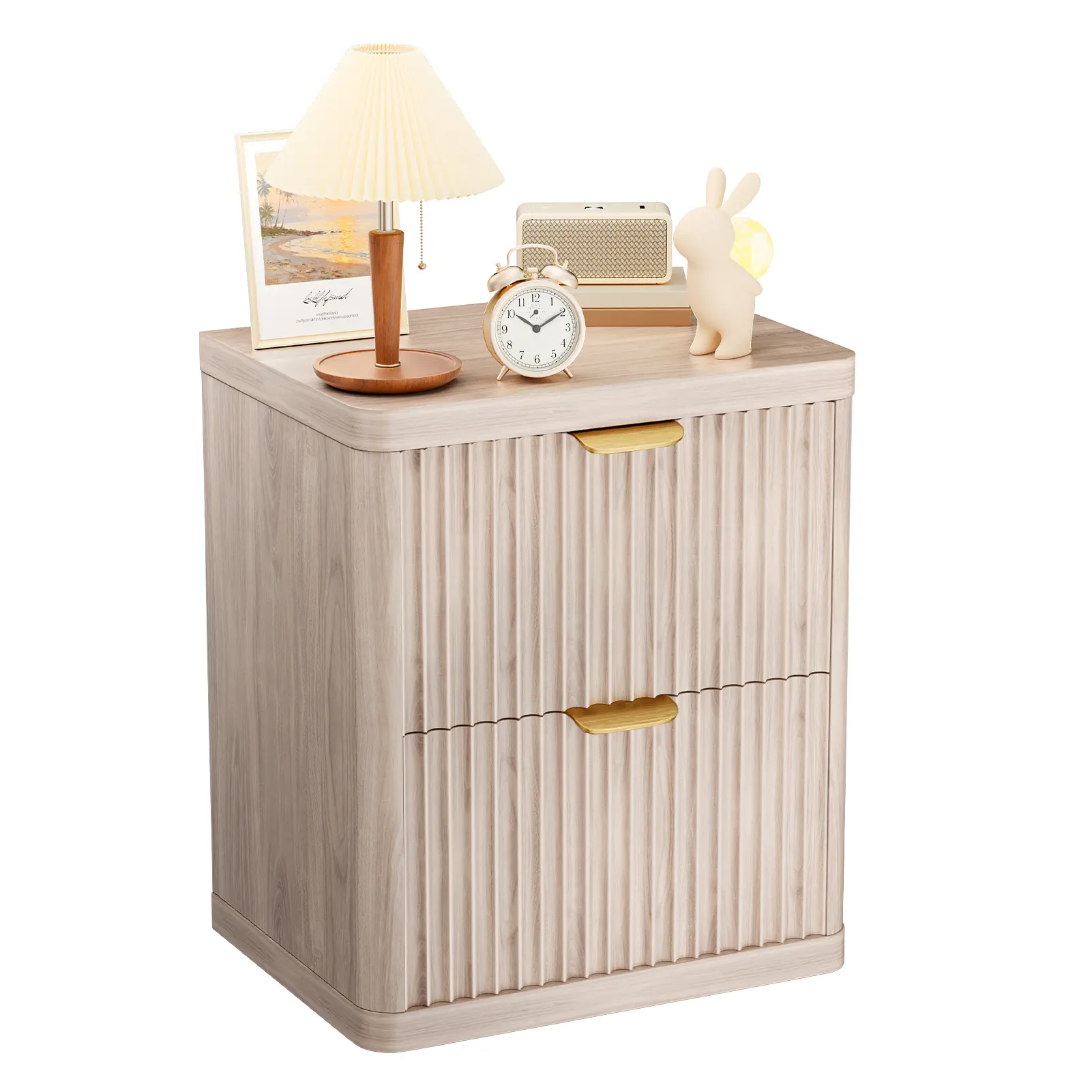 Modern Wood 2-Drawer Fluted Nightstand - Farmhouse Vibes Wood Side Table with Champagne Gold Handles, Corner Shape, Drawer Organization, Small Room Ideas Modern Bedroom Space-Saving Storage Cabinet