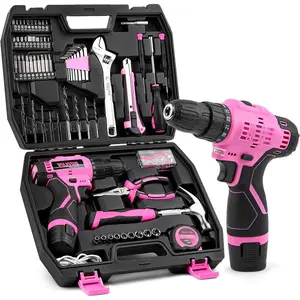 147 count Pink Power Drill Drivers Tool Set with 12V Cordless Drill, Professional Household Home Tools Kit Set, DIY Pink Electric Drill Cordless Hand Tool Box for Women