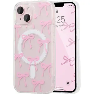 UEEBAI Magnetic for iPhone 11-17 Case, Bow Case Compatible with MagSafe, Wireless Slim Clear Ribbon Phone Cover Anti-Yellowing Shockproof Protective Cover for Women Girl - Pink