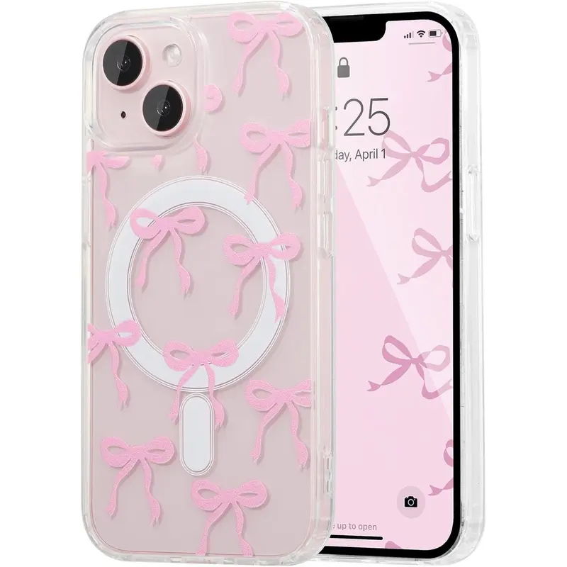 UEEBAI MagSafe-Compatible Magnetic Bow Smartphone Casing for iPhone 13 & 14, Slim Ribbon Women's Phone Accessory - Anti-Yellowing, Shockproof, Wireless-Charging Pink Handheld Protection Case