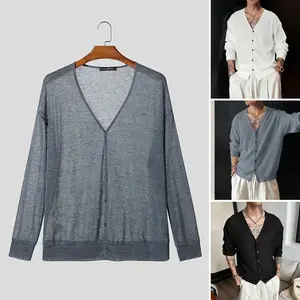 INCERUN Summer Beach Men's Sheer Mesh Cardigan Breathable See-Through V-Neck Long Sleeve Shirt Tops for Vacation Daily Layering