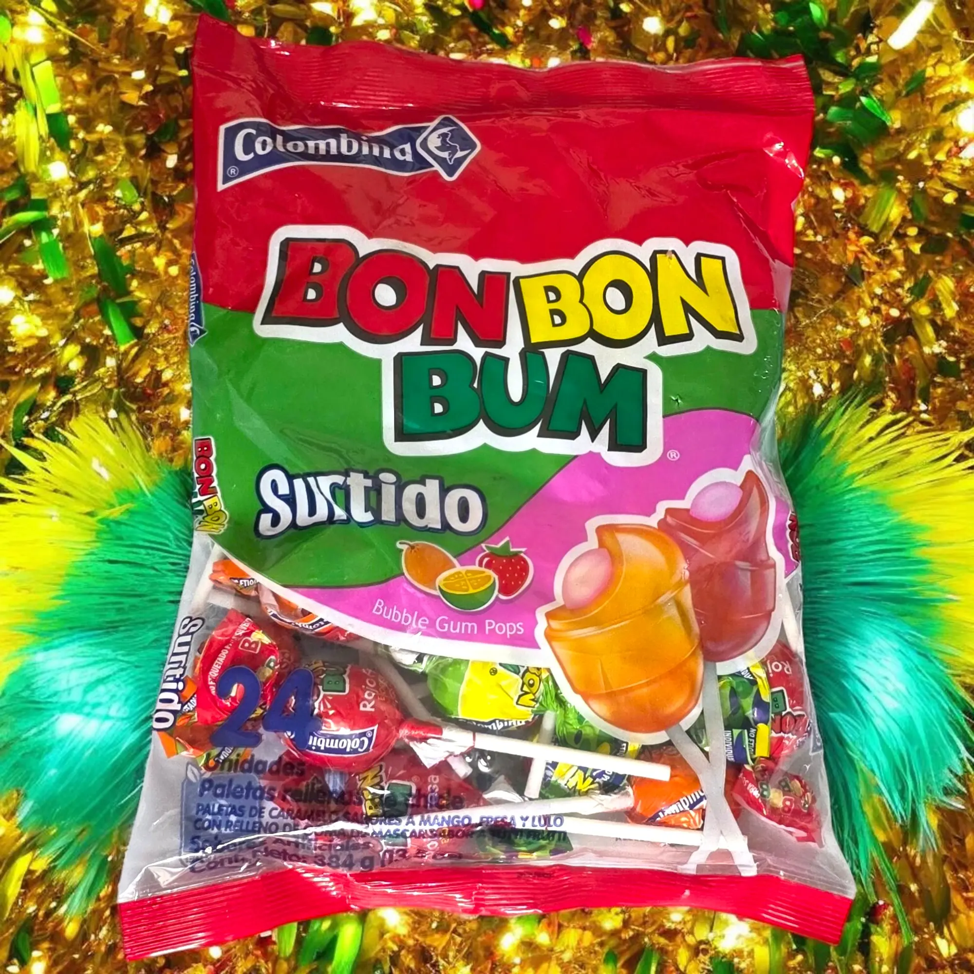 Colombina Bon bon bum Surtido 384g 24Unit Bubble gum Pops - Elegant Packaging for Parties and Gatherings - Snack