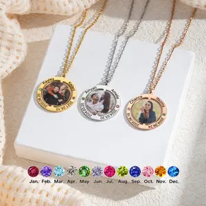AS1685 Custom Photo Engraving Name Inlaid Birthstone Round Pendant Stainless Steel DIY Color Photo Necklace Holiday Birthday Gift