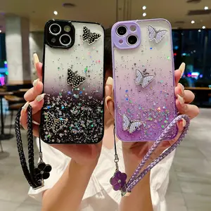 Phone Case - Gradually Sparkling Starry Sky Pink for Iphone 15 15Pro 15Plus 15Promax 14Pro 14Plus 14Promax 13 13Pro 13Promax 12 12Pro 12Promax 11Promax 11 Flash Diamond Butterfly Phone Case with Hanging Cord, Accessories