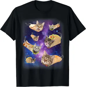 100% Cotton Burrito Cat and Taco Cat Space Galaxy Meme Tacocat Silly T-Shirt