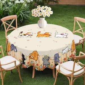 1pc Whisker Wonders Cute Cat Tablecloth - Round Table Cover With Cartoon Kittens & Flowers, Paw, Perfect Gift For Cat Lovers, Cat Gifts, Holiday Party, Wedding Ceremony, Kitchen Accessory, Indoor/Outdoor Use For Christmas, Thanksgiving table  linens
