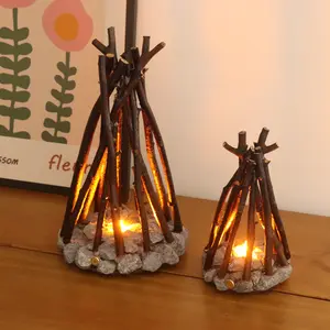 Rustic Campfire LED Night Light, USB Rechargeable Fake Fire Lamp with Flickering Flame & Crackling Sound, Cozy Decor for Bedroom, Living Room & Camping