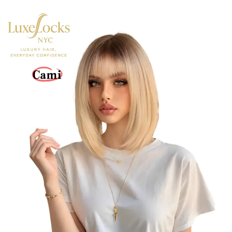 Cami-14inch Blonde Bob Wig with Bangs Dark Root Short Straight Synthetic Wig Champagne Blonde Wig for Women, Beginner Friendly Everyday Wig