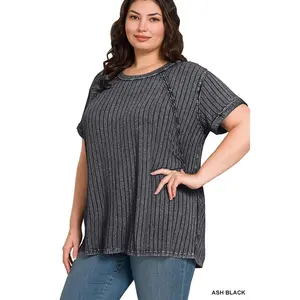Zenana Women's Acid Washed Ribbed Short Sleeve Boat Neck Top Plus Size - Fitted Crew Neck Summer Top with Back Patch Detail - Fabric
