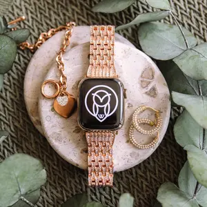 Glam Cubic Zirconia Bracelet Band for Apple Watch | Shiny Stainless Steel Strap with Adjustable Links in Gold, Rose Gold, Silver or Black