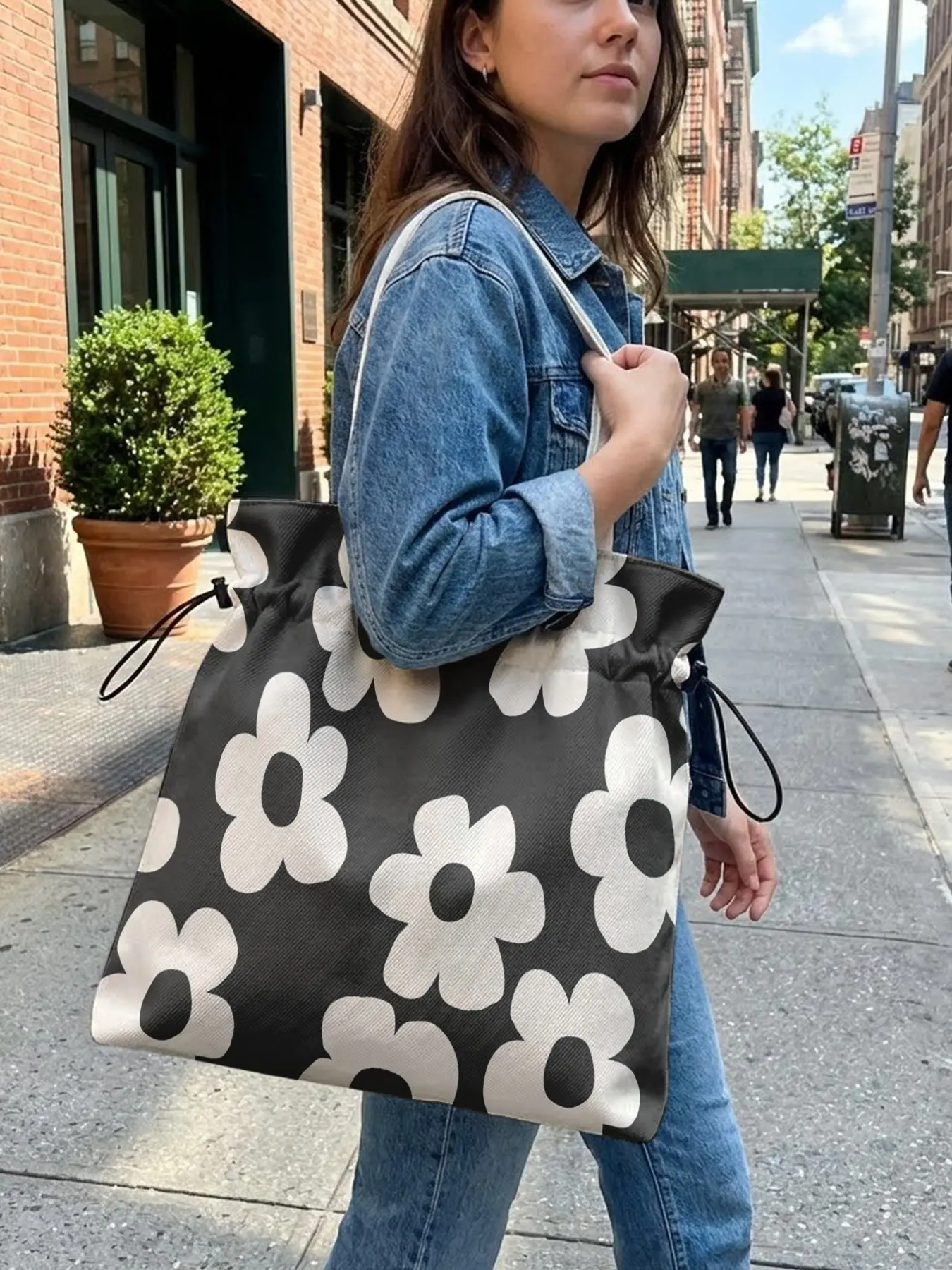 Floral Pattern 2D Printed Drawstring Tote Bag, Multifunctional Portable Bag, Large Capacity Shopping Bag, Durable and Wear-Resistant, Suitable for Work, Shopping, Picnic