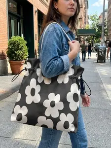 Floral Pattern 2D Printed Drawstring Tote Bag, Large Capacity Shopping Bag, Durable and Wear-Resistant, Suitable for Work, Shopping, Picnic