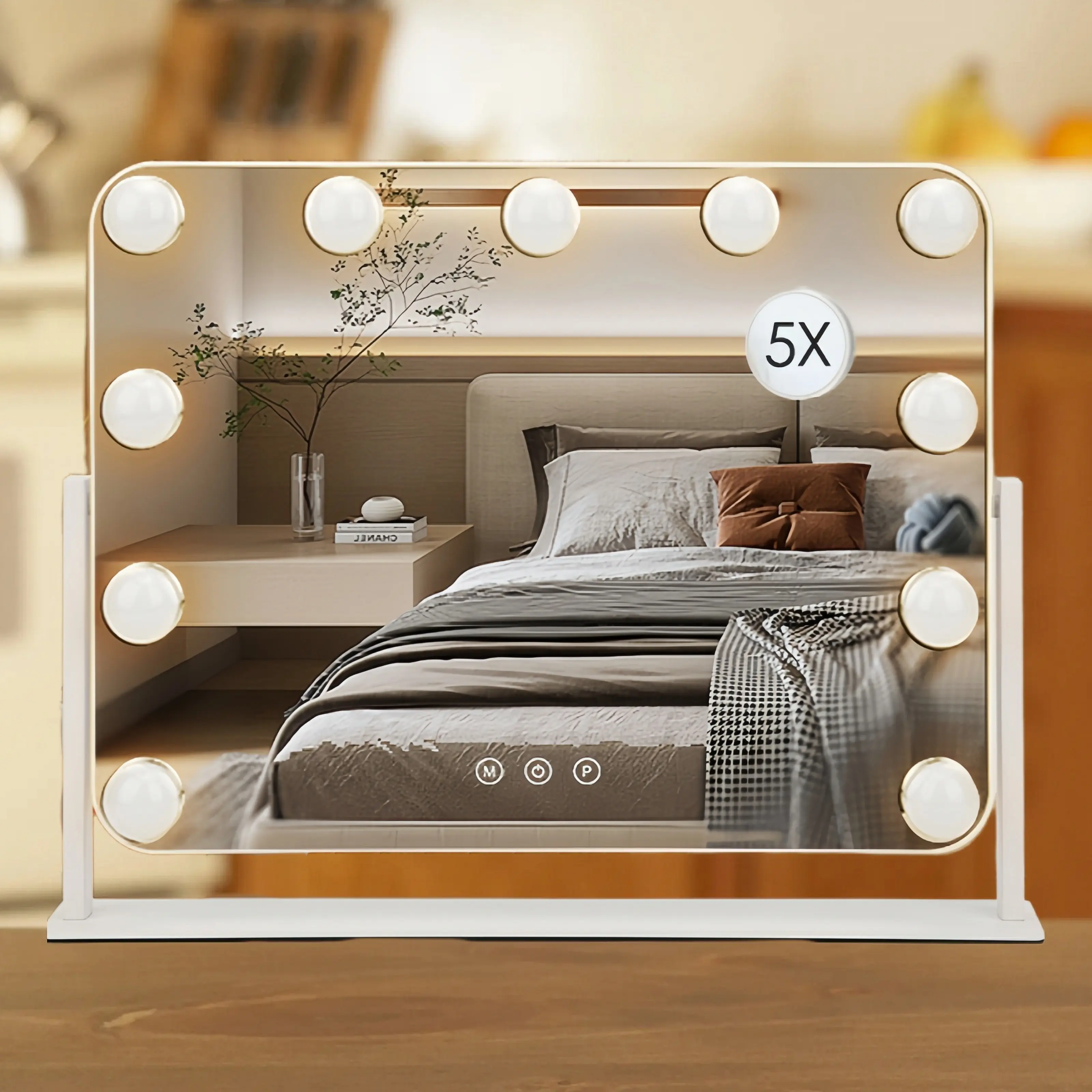 360° rotating horizontal makeup mirror with light, featuring 11 LED bulbs, detachable 5x magnifying glass, and 3-color desktop makeup mirror