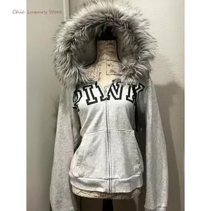 [Chic] Casual Gray Femme Korean Fur Patchwork Hooded Sweatshirts Vintage Y2k Aesthetic Grunge Letter Print Zippers Hoodies Women Coat