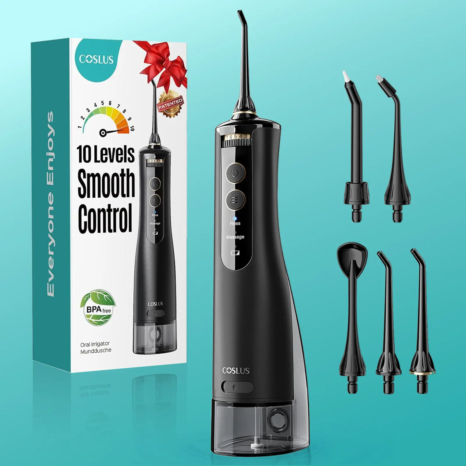 COSLUS E40 Rechargeable Portable Oral Irrigator for Adults & Elderly, Cordless Ergonomic Water Flosser with Dual-Stream Tech, 10 Pressure Settings, 5 Nozzles, IPX7 Waterproof, Batteries Included, for Gum Health, Braces, From Teeth to Tongue Care, Deep Cle