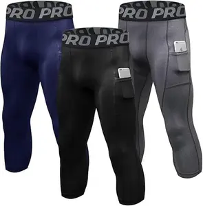 3 Pack Mens Compression Pants 3/4 Length Quick Drying Gym Workout Leggings Running Athletic Sports Training Base Layer Bottoms