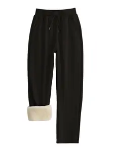 Women's Straight Leg Pants, Winter Fleece Lined Warm Trousers, Casual Fashion Long Pants, Lamb Velvet Inner Fabric, Milk Silk Outer Material