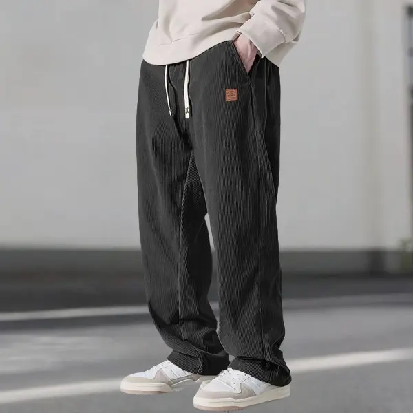 Men's Corduroy Wide-Leg Pants with Drawstring Waist Stopper & Side Pockets Slim Fit Casual Trousers Versatile Design Loose Sport Pant for Menswear