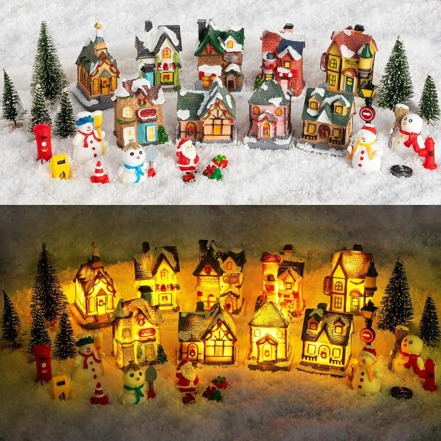 30 Pcs LED Light-Up Christmas Village Resin Figurine Collection - Tiny Town Display, Xmas Table Decor Ornaments, Festive Home Decoration