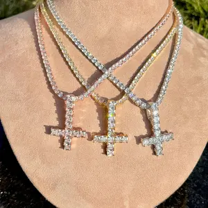 Drip Letter Cross Pendant Necklace Hip Hop Jewelry for Men AAAAA Cubic Zirconia