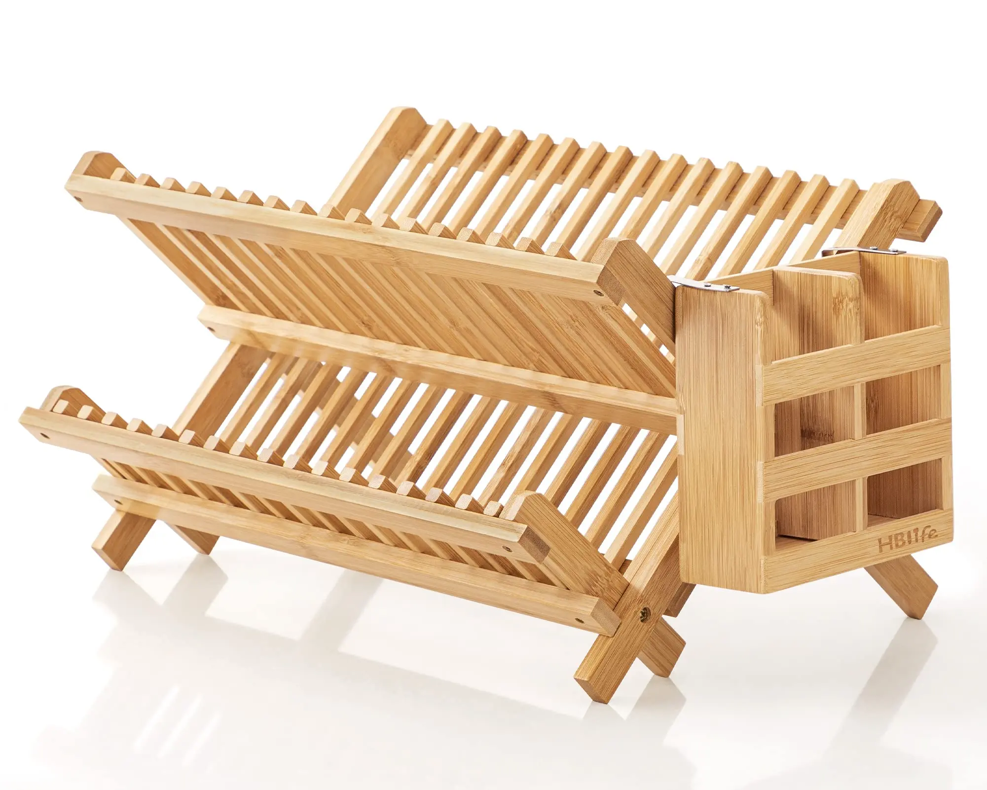 Dish Rack, Bamboo Folding 2-Tier Collapsible Drainer Dish Drying Rack with Utensils Flatware Holder Set (Dish Rack with Utensil Holder)