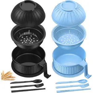 PLL Ramen Bowl with Handles, 2 Set Wheat Fiber Ramen Cooker Microwave with Strainer, 34oz Noodle Bowl with Pot Mat Spoon Chopsticks Fork for Home, School, Office, Dorm, Picnic or Gift
