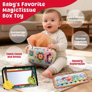 Baby Tissue Box Toy with Mirror & Play Mat,Sensory Crinkle Toys for Newborns,Teach Object Permanence & Fine Motor Skills