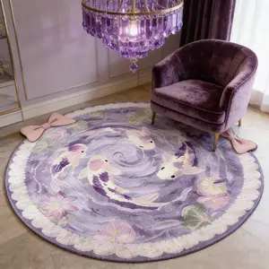 Dreamy Romantic Mint Koi Pond Pattern Round Carpet, Large Area Rug for Living Room Bedroom, Washable Plush Mat