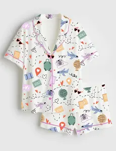Travel Lover Pajama Set, Cute Airplane Print Pajamas, Women Short,Long Sleeve Sleepwear, Vacation Gift, Summer Lounge Set