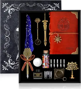 Antique Quill Pen and Ink Set,Feather Dip Pen,Life Tree Calligraphy Pen with 5 Replaceable Nibs,Wax Seal Stamp kits,Wax Beads & Writing Notebook Christmas Gift for Men&Women.