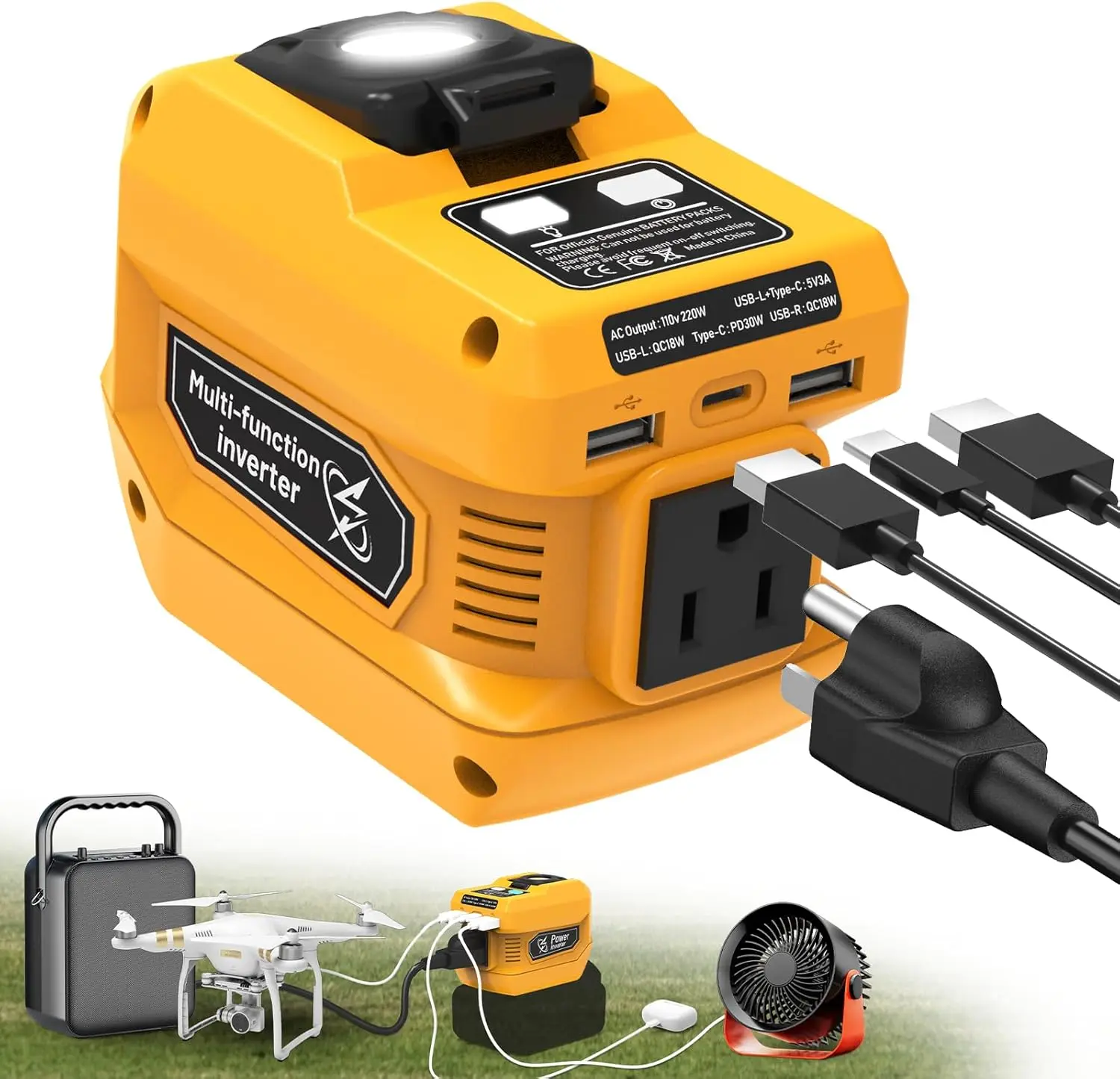 220W Power Inverter for  20V , DC 20V to AC 110V  Inverter, Portable Power Station Generator with 1 AC Outlet, 2 USB Ports & 1 Type-C Fast , 400LM LED Work Light