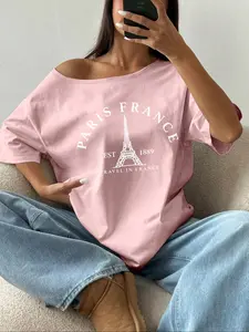 Women's Eiffel Tower Print Round Neck Fitted Tee, Casual Stylish Shoulder Pad Short Sleeve T-shirt for Daily Wear, Ladies Clothes for All Seasons, Womenswear Top, Casual Chic Top