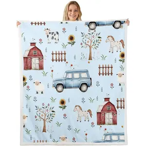 Baby Blankets for Unisex Boys Girls,Farm Animal Nursery Minky Blankets Baby 30x40 Cartoon Tractor Sherpa Blanket Rustic Barn Horse Sheep Cow Cartoon Animals Sunflower Fleece Blanket,Blue