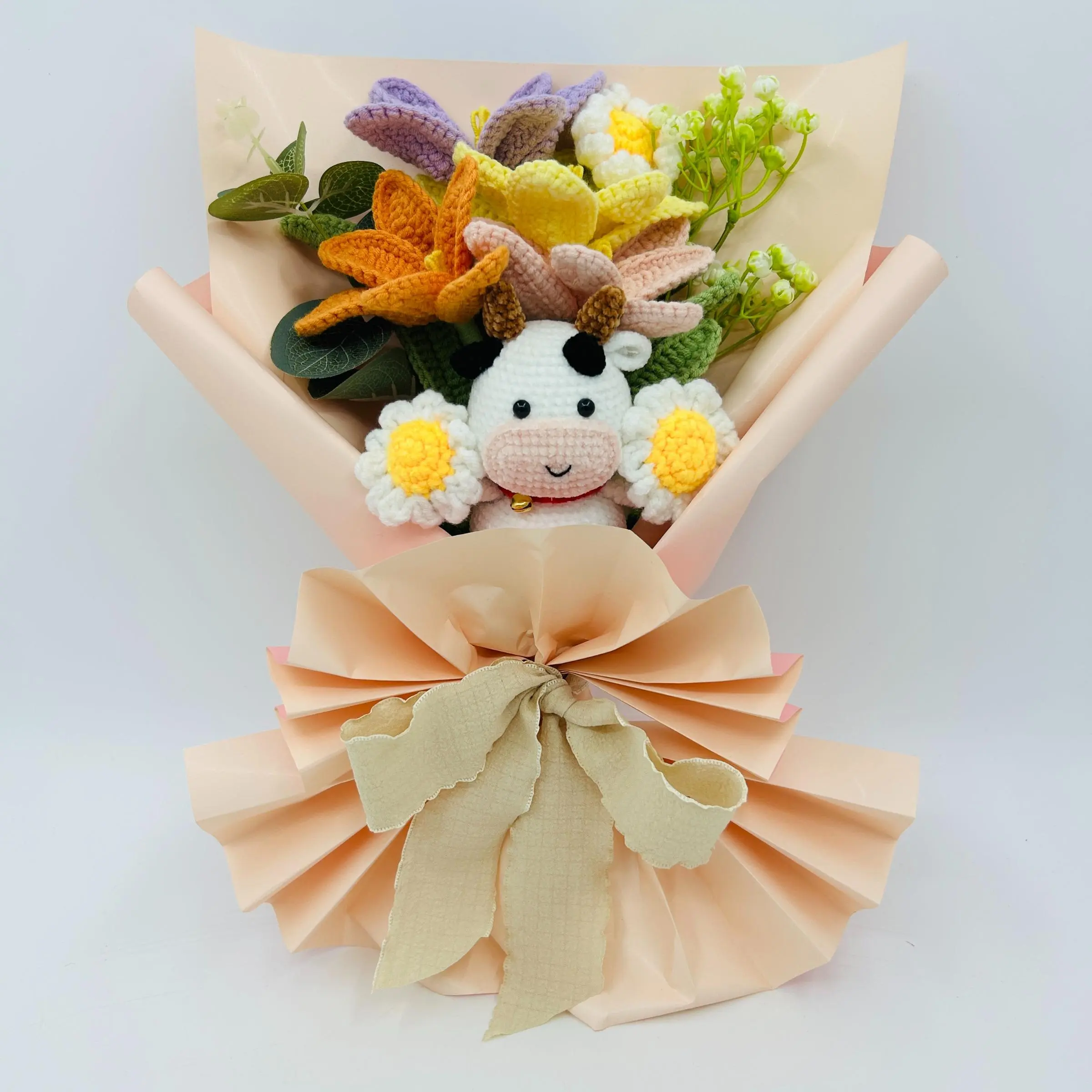 Crochet Flower Bouquet, 1 Set Cute Cow Sunflower Daisy Knitting Flower Bouquet, Crochet Artificial Flowers, Decorative Flower for Home Party Wedding Anniversary Festival, Fruit