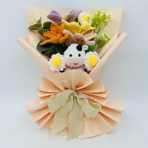 Crochet Flower Bouquet, 1 Set Cute Cow Sunflower Daisy Knitting Flower Bouquet, Crochet Artificial Flowers, Decorative Flower for Home Party Wedding Anniversary Festival, Fruit