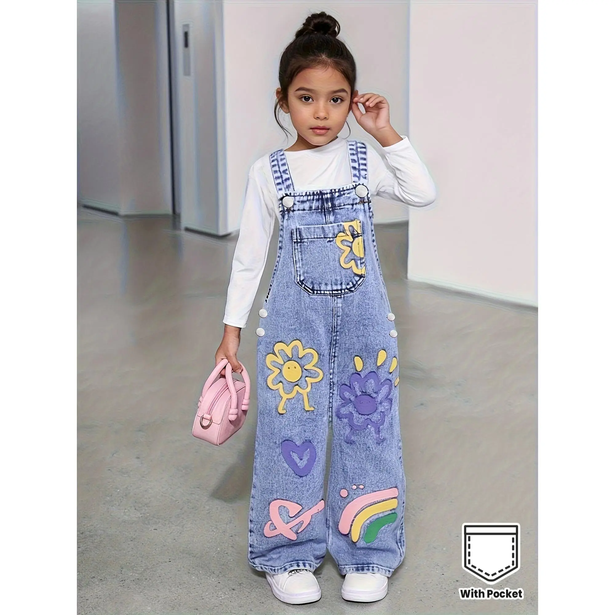 Girls' Sunflower Print Y2K Faux Denim Straight-Leg Loose Overalls with Strap - Casual Workwear Style, Elastic Waist, Pockets, Non-Stretch Fabric, Perfect For Spring/summer/fall, Casual Attire, Casual Attire|y2k Style|elastic Waistband