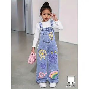 Girls' Sunflower Print Y2K Faux Denim Straight-Leg Loose Overalls with Strap - Casual Workwear Style, Elastic Waist, Pockets, Non-Stretch Fabric, Perfect For Spring/summer/fall, Casual Attire, Casual Attire|y2k Style|elastic Waistband