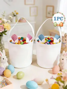 Canvas Bunny Ears Easter Basket, Reusable Gift and Snack Bucket, Personalized Easter Bag, Egg Hunt Party Bag for Kids, Spring Celebration Decor