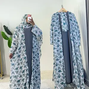 3 Piece Abaya Set - Elegant Floral Print Abaya with Matching Hijab for Women