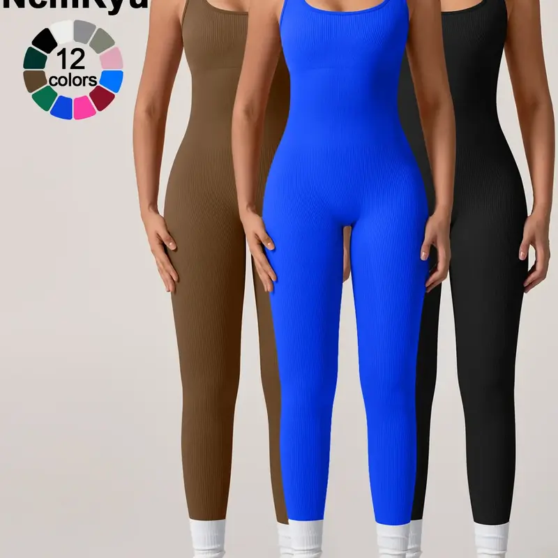 Women's Seamless One-Piece Hip Lift Crew Neck Tummy Control Jumpsuit with Tank Top, Tummy Control Dance & Fitness & Workout Set, Stretch Sportswear for Outdoor Activities