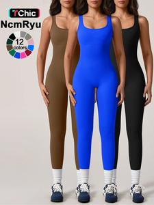 women's solid backless seamless ribbed second-skin feel tight-fitting sports tank jumpsuit, breathable scoop neck sleeveless seamless slim onesie, gym clothes women, ladies compression garment sportswear for indoor outdoor wear, gym clothing