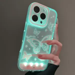 Phone Case for Apple iPhone 17 Pro Max/16 Pro Pink Butterfly Pattern with LED Lights and Clear Design for iPhone 17 Air