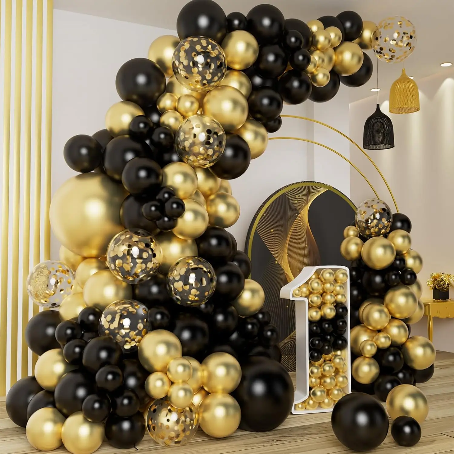 Black and Gold Balloons Garland Arch Kit with Black Gold Confetti Balloons for New Year Birthday Graduation Baby Shower Party Decorations