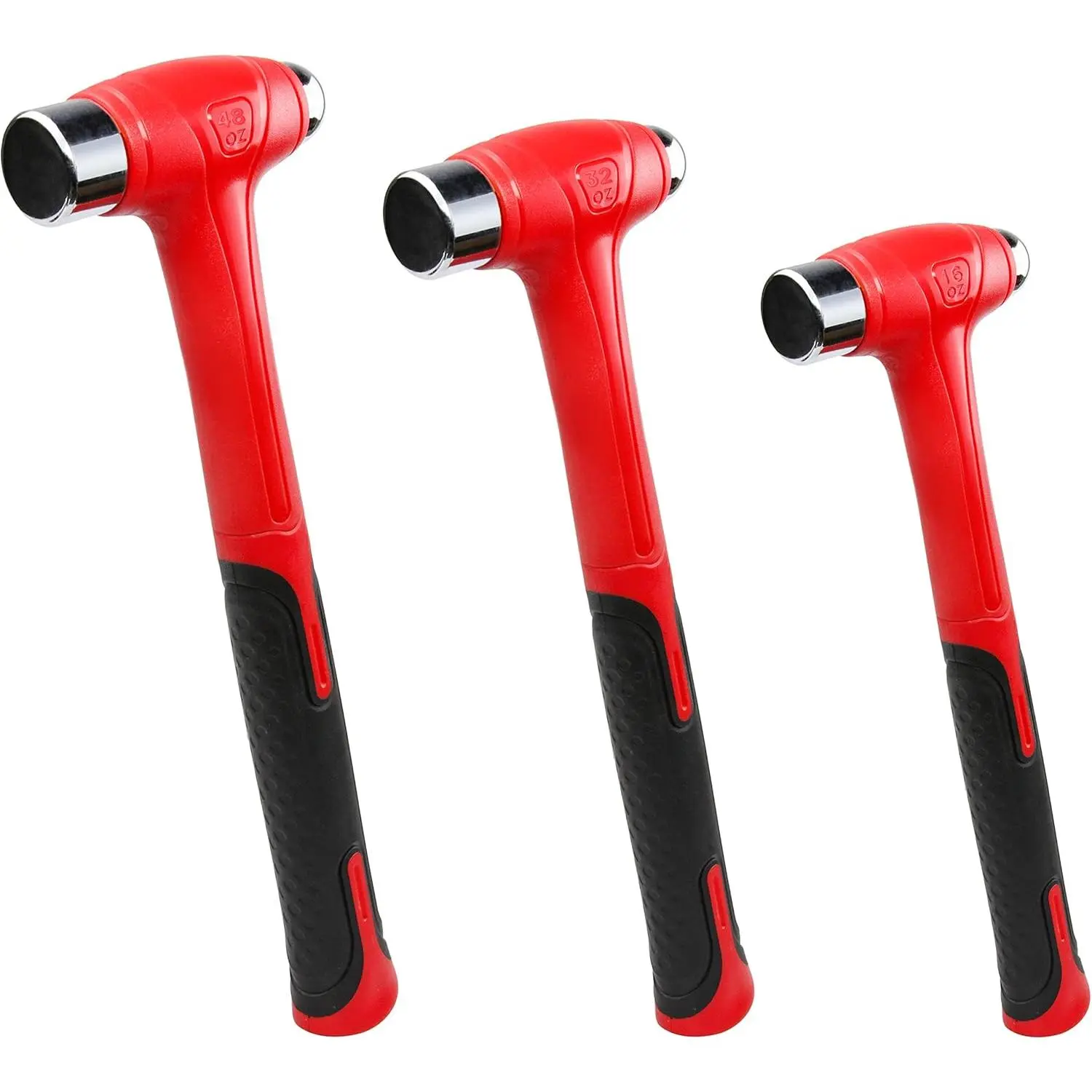 3 Count Ball Peen Hammer Set 16oz 32oz 48oz Fiberglass Handle for Metal Working with Polished Steel Heads & TPR Coated Rubber Grip